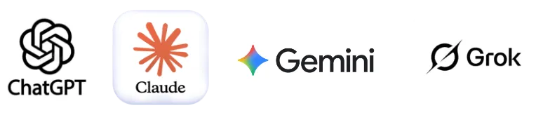 Logos de ChatGPT, Claude, Gemini et Grok